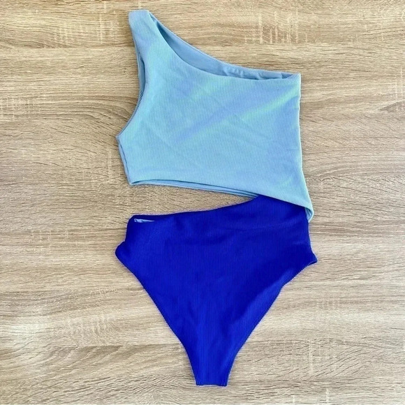 New Free People Beach Riot Celine One Piece Swimsuit Swim Ribbed Blue XS - Picture 8 of 12